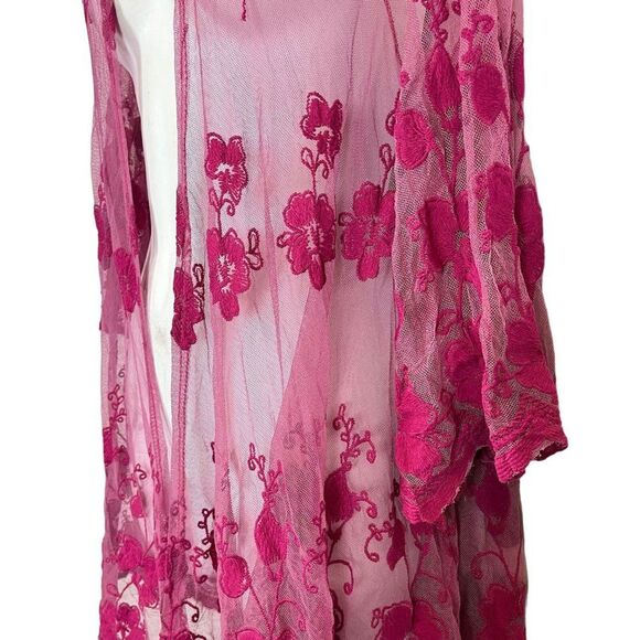 Dee Elly Pink Lace Embroidered Open Sheer Coverup Top Jacket Floral Fairy sz S - Picture 9 of 16
